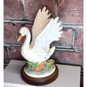 Vintage Mute Swan Figurine Hand-Painted Angeline Originals Wood Base Stand Japan